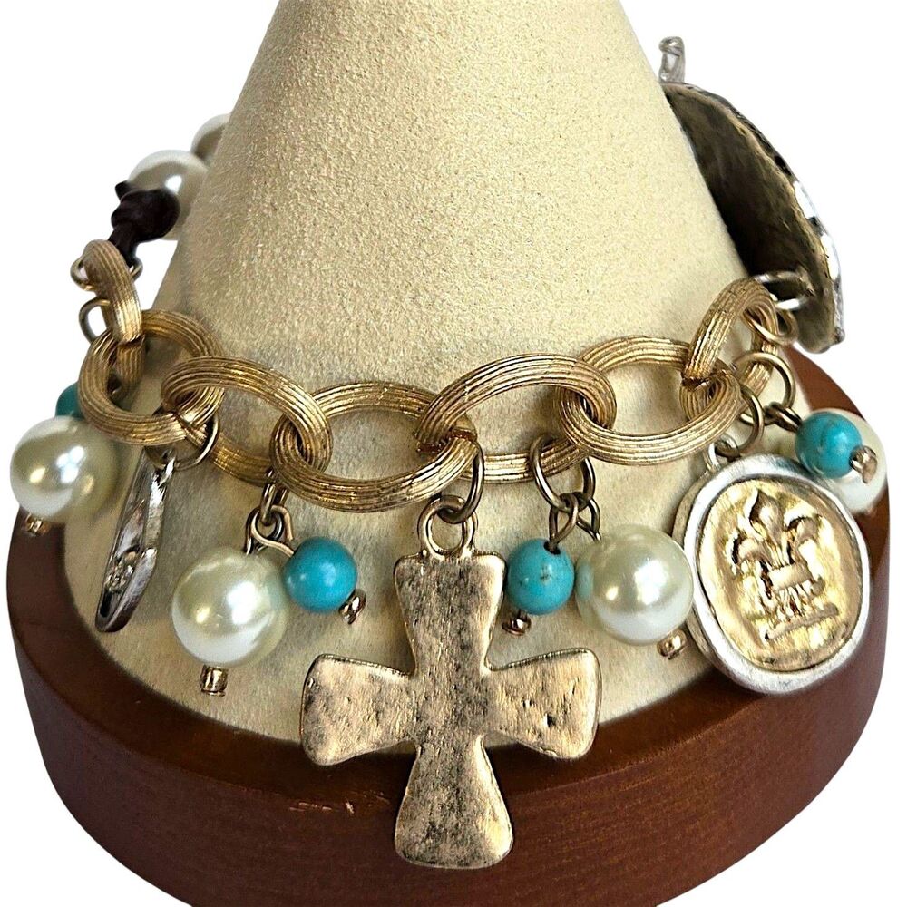 Chunky Rustic Fleur de Lis Cross Charm Bracelet Faux Pearl Turquoise Size 7.25